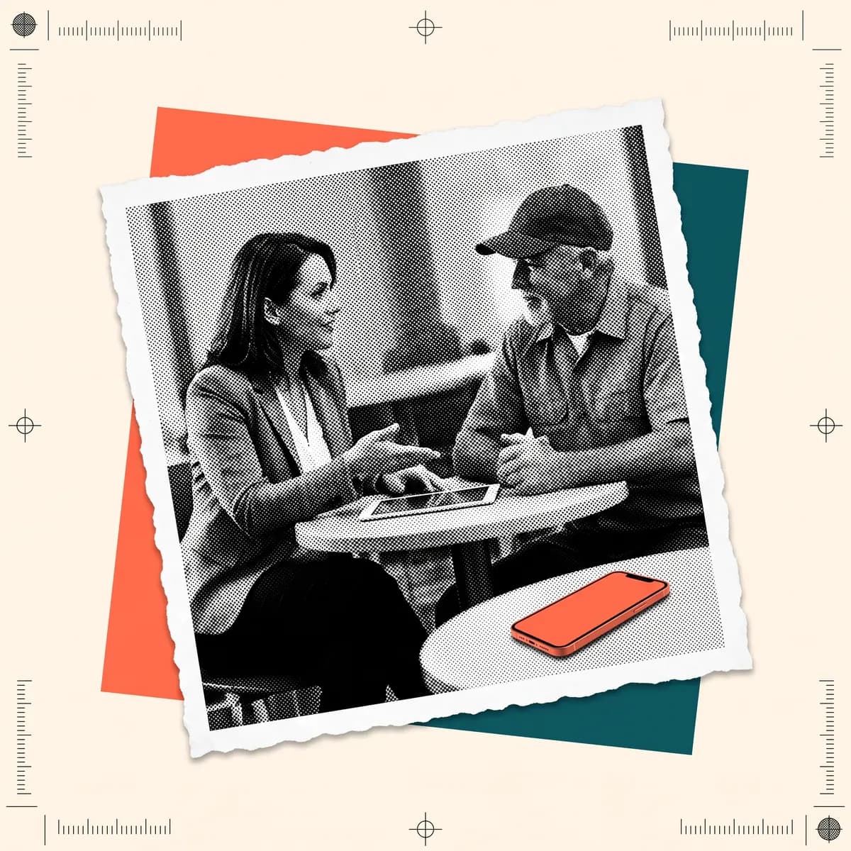 An agency owner and a service-business owner talking across a café table over a tablet, the owner's phone ringing unanswered beside them
