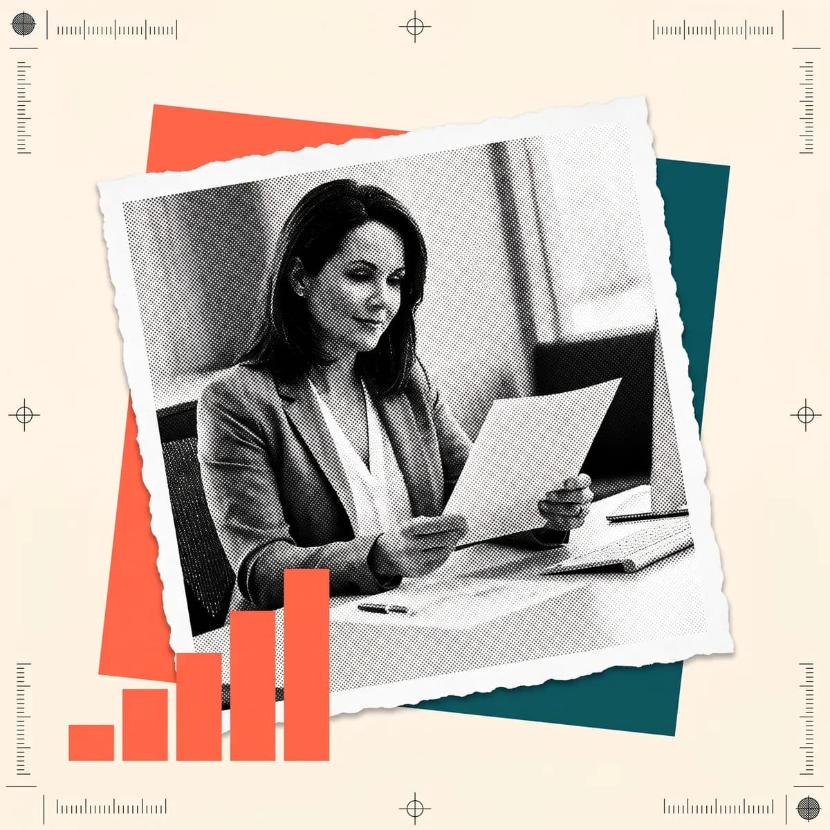 An agency owner at her desk reading a statement, beside a rising coral bar motif