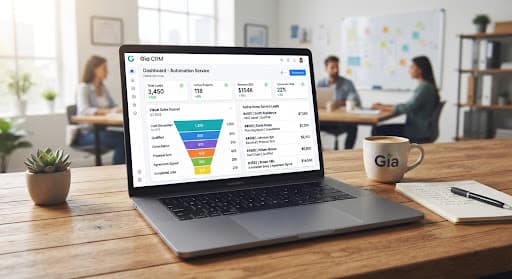 Gia CRM dashboard on a laptop